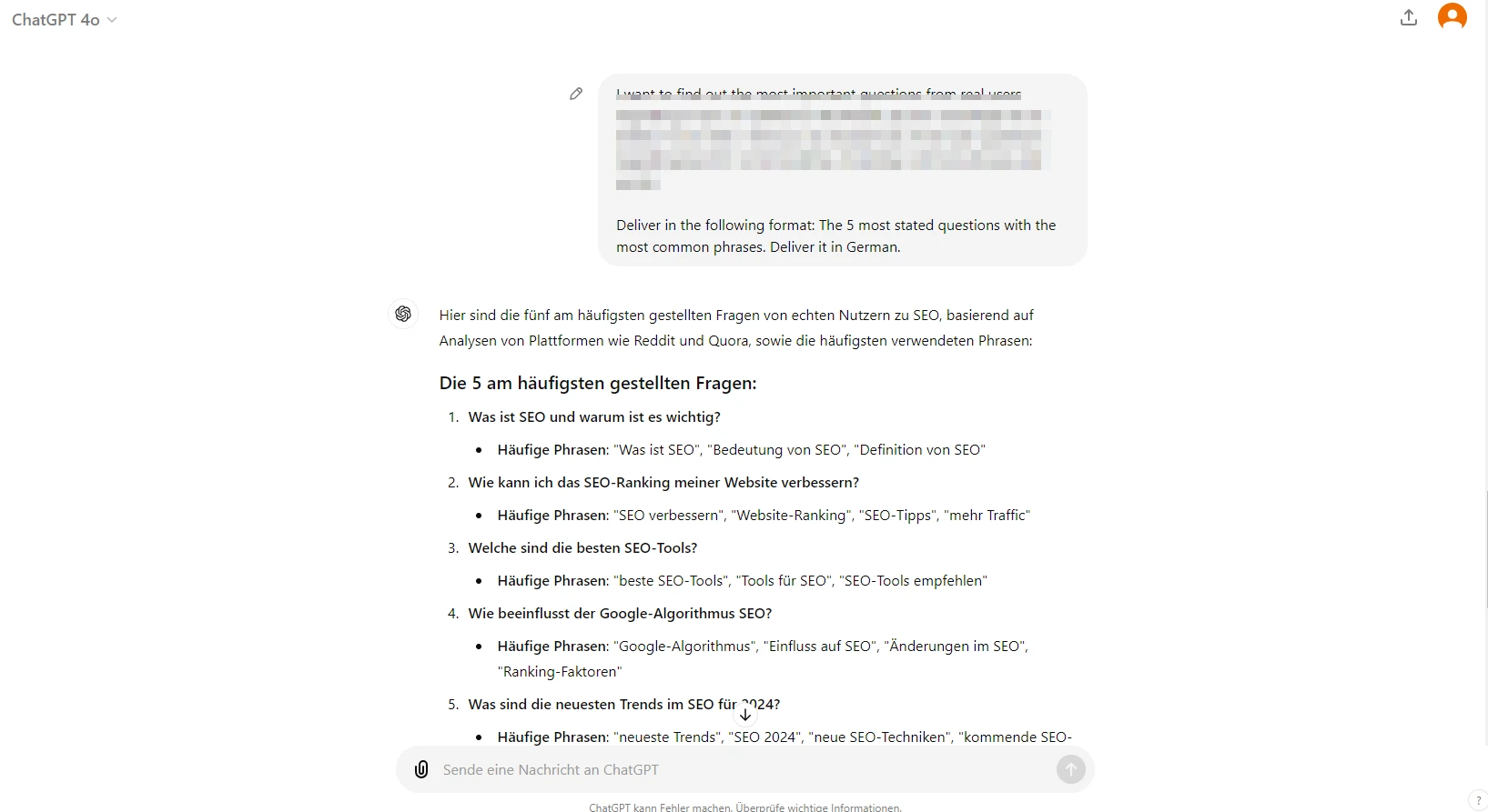 chatGPT Antwort auf Nutzerfragen